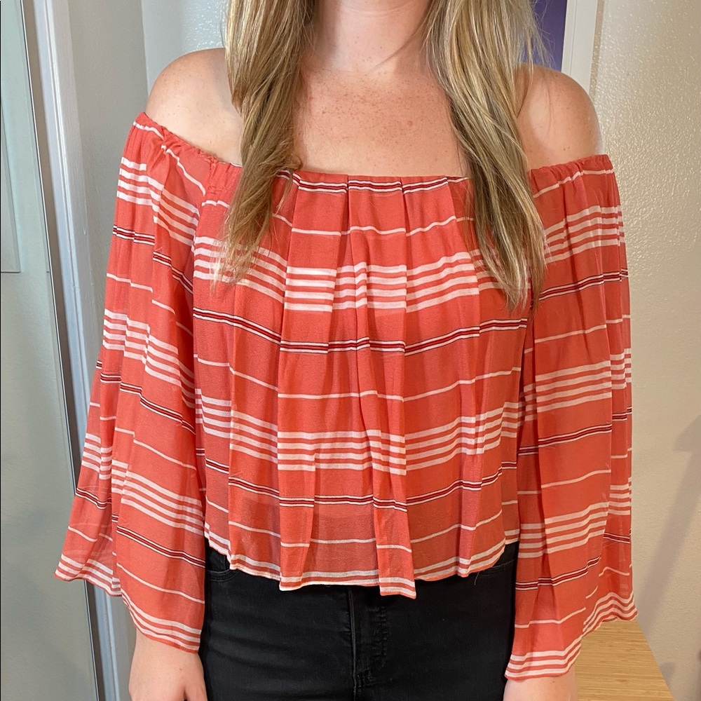 Strapless orange stripped flowing blouse